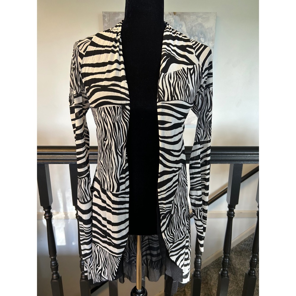 Elana Kattan Zebra Print Open Front Mesh Cardigan Duster High Low Black White S